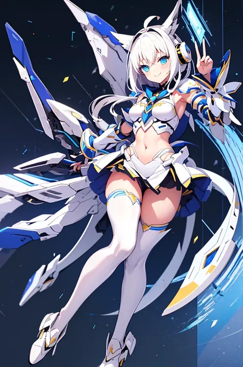 mecha wings、Yellow Skirt、Accentuated thighs、White tights、chest、Beautiful white hair、1 girl、solo girl、Thick thighs、IS、Frame Arms Girl、Alice Gere Aegis、armor、Blue and purple lines、income、headphone、hand on own chest、smile、Idol Costume
