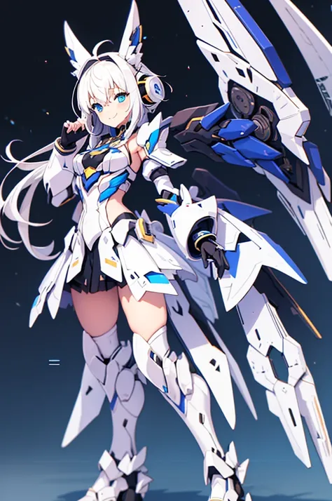 mecha wings、yellow skirt、accentuated thighs、white tights、chest、beautiful white hair、1 girl、solo girl、thick thighs、is、frame arms ...