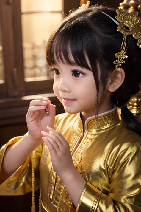 1girl, 6 years old , beautiful detailed eyes, beautiful detailed lips, beautiful smiling , extremely detailed face and features, long eyelashes, pigtails, chubby cheeks, praying hands, thai temple scene, intricate architecture, ornate decorations, candles,...