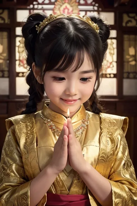 1girl, 6 years old , beautiful detailed eyes, beautiful detailed lips, beautiful smiling , extremely detailed face and features, long eyelashes, pigtails, chubby cheeks, praying hands, thai temple scene, intricate architecture, ornate decorations, candles,...