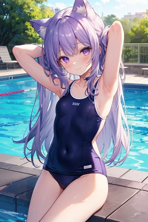 Purple Hair，Purple Eyes，Cat ears，girl，Girl，Small breasts，Long Hair，straight，Lolita，Small breasts，Bright smile，Looks like 13 years old，Petan Musume，short，目のhighlight，Sexy thighs，Wear a school swimsuit，Please show me your armpits，Your eyes are so beautiful，h...