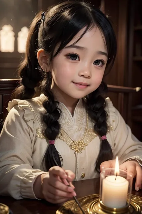 1girl, 6 years old , beautiful detailed eyes, beautiful detailed lips, beautiful smiling , extremely detailed face and features, long eyelashes, pigtails, chubby cheeks, praying hands, thai temple scene, intricate architecture, ornate decorations, candles,...