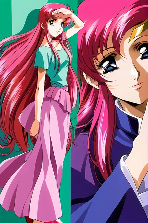 Lacus Clyne,One girl,alone,dress,Pink skirt,Long Hair,Long skirt,Short sleeve,Blue Eyes,Pink Hair,blue eyes,Lips parted,View your viewers,salute,A light smile,1990s (style),retro artstyle,