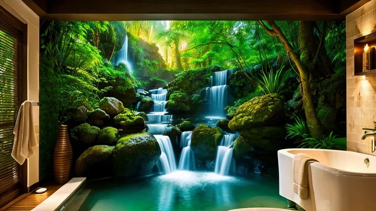 create a hyper-realistic 4k resolution of a beautiful mystical furnished bathroom with a 3d waterfall mural behind the tub. The water look like its flowing into a the tub, steam, mist, warm glow effect for relaxation.