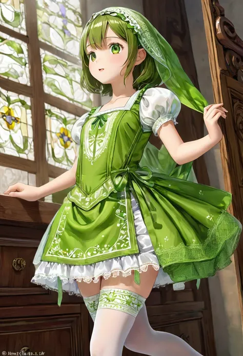 10 year old girl underwear, Realistic panties and bloomers made from patterned cotton fabric, Bright green medieval one-piece dress with white embroidery and panniers, Fabric Realism, Low - Angle, You can see the drawer, Pull up the dress by hand, Strong w...