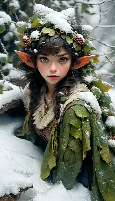 a snowy winter leaf pixie girl on a leaf in the snow, the snowy winter leaf pixie and the world of adventure, photo realism, 8k ...