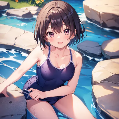 (masterpiece)、(Highest quality)、(Detailed Expression)、School Swimsuit、One girl、smile、Gloss、shadow、Pool、short hair