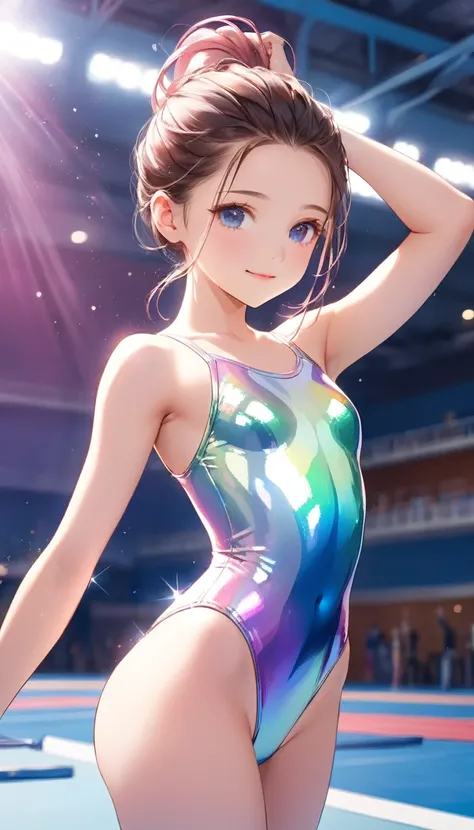 highquality illustration, masterpiece, very delicate and beautiful, attractive girl,(gymnastics leotard,long sleeve leotard with glittery decoration,high_leg leotard,athletic leotard,tight-fit leotard,iridescent gradient leotard,long-sleeve leotard),thin,s...