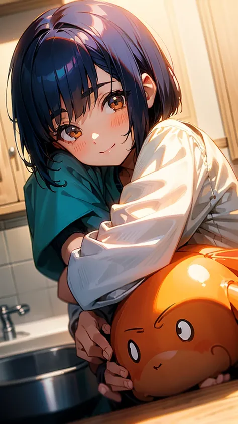 1 girl、Anime Images、Kitchen in the morning、Delicious food、shrimp、Shiny dark blue hair、Short Bob Hairstyles、Tie your hair with an orange hair clip、Beautiful brown eyes、smile、Upper body close-up、Sharp contours、Background Blur、Written boundary depth