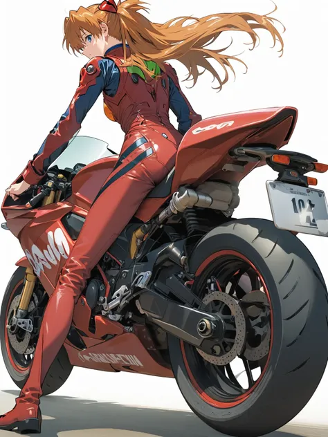 anime girl wearing red leather coat sitting on red motorcycle, asuka langley sohryu, asuka langley, asuka langley soryu, asuka l...