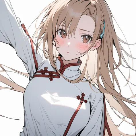 1 Girl, Asuna (Star), Sword Art Online，独奏, Viewers, Pure white background，blush, Brown eyes,breathe, avatar，Half Body，Colorless comic style，angle, masterpiece, best quality，Chinese clothing，Black, White and Gray