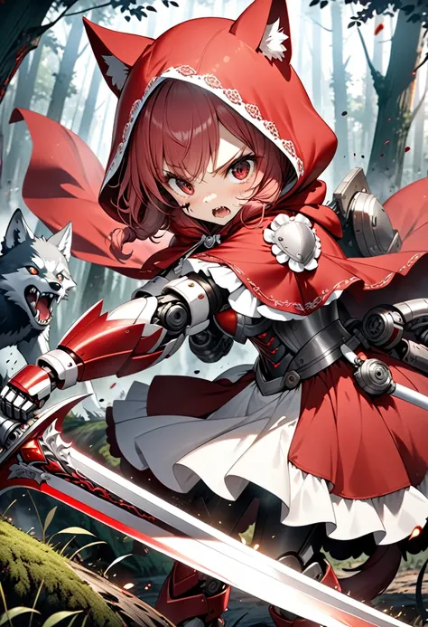 fantasy cg art,depicting the deadly battle between little red riding hood and the wolf,little red riding hood has a cute appeara...