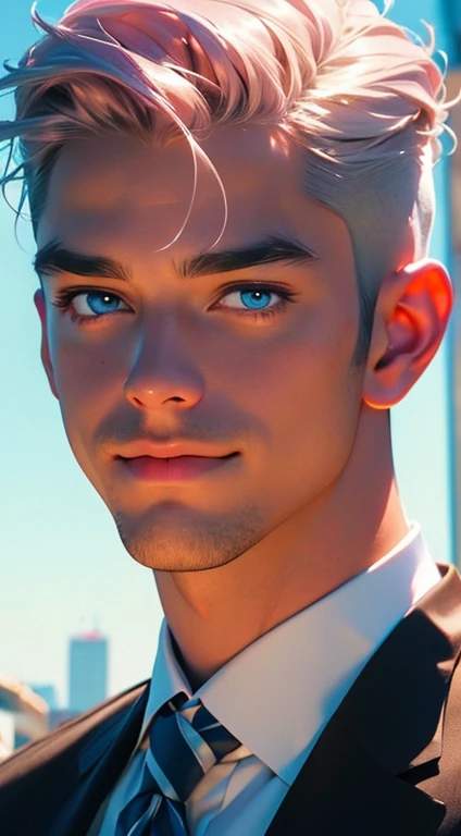 (best quality,4k,8k,highres,masterpiece:1.2),ultra-detailed,(realistic,photorealistic,photo-realistic:1.37),1 man,31 years old,mature man,very handsome,without expression,smile,short grey pink hair,blue eyes,penetrating gaze,perfect face without errors,imp...