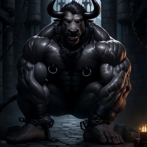 Sweating, muscular, Shirtless, dark castle, Anthropomorphic chest hair, Serious face（scars in the face） Mature （blue eyes）Huge muscular torn abs wild wearing nipple rings and collars prisoners collar linked to chains lock ambitious black bull 双手被铐住并悬在空中, F...