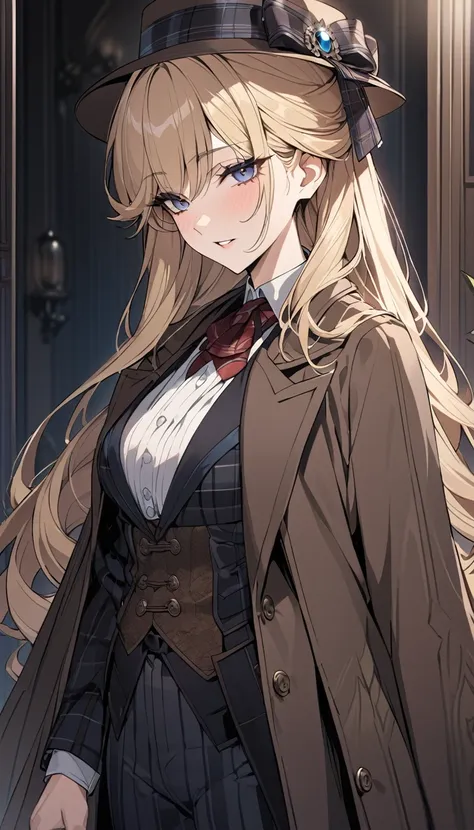 (detailed), adult woman like Sherlock Holmes, Wearing a silk hat and an Inverness coat, British gentleman style, ((highest quality)), ((masterpiece)), perfect face, blonde hair, long hair, Woman in her 20s