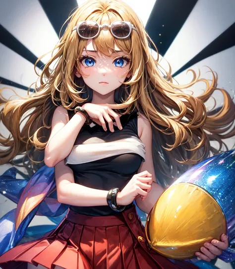 (masterpiece, highest quality), one girl,  serena,one girl,have,sunglasses,long hair,blonde, blue eyes,bracelet,sleeveless shirt...