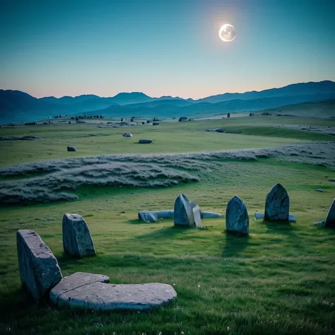 The Moonlit Plains consist of gently rolling hills and expansive meadows, covered in soft, silver-tinted grass that seems to shimmer under the light of the moon. Scattered throughout the plains are ancient stone ruins and mysterious standing stones, hintin...