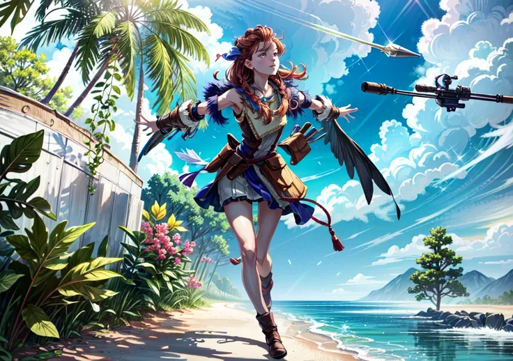 Aloy, fighting machines, aiming with a bow, showing armpits, red head, pretty face, focus, full body, 