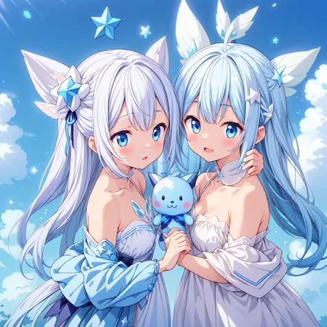 a cute white and blue fantasy creature、star fairy、stuffed toy、cg