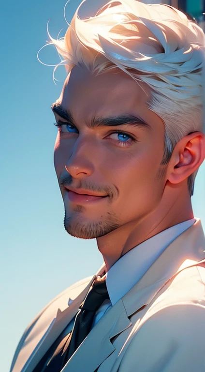 a mature man with short white hair, blue eyes, and a perfect face, smiling in love, CEO, cinematic lighting, 1:4 HDR image, top view, ultra detailed, best quality, masterpiece, 8K, photorealistic, beautiful image