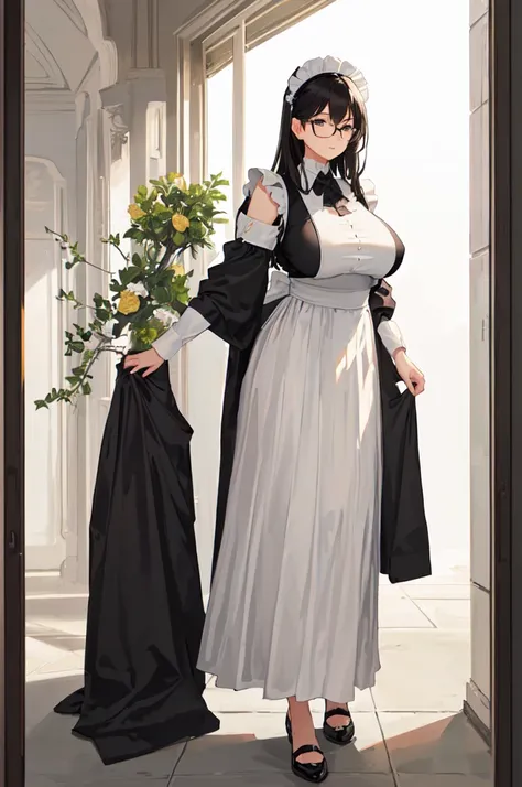 {{masterpiece}},high quality, 4K, 2D, 1 girl,{simple gray background},(attractive mature lady:1.6),milf,standing,sagging breasts,(gigantic breasts:1.5),maid,front face,{{tareme}},attractive mature lady,black hair, {from right in front of face and body},Vie...