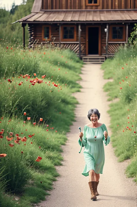 60 year old woman, with loose mint dress, through the long pipe,  happy smile, walking on a path of poppies and calla lilies, on the horizon some rustic cabins 