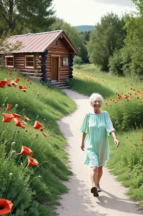 60 year old woman, with loose mint dress, through the long pipe,  happy smile, walking on a path of poppies and calla lilies, on the horizon some rustic cabins 