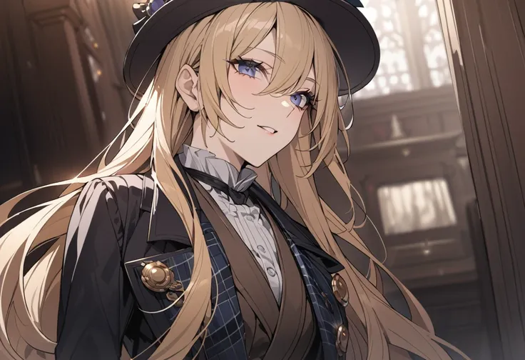 (detailed), adult woman like Sherlock Holmes, Wearing a silk hat and an Inverness coat, British gentleman style, ((highest quality)), ((masterpiece)), perfect face, blonde hair, long hair, Woman in her 20s