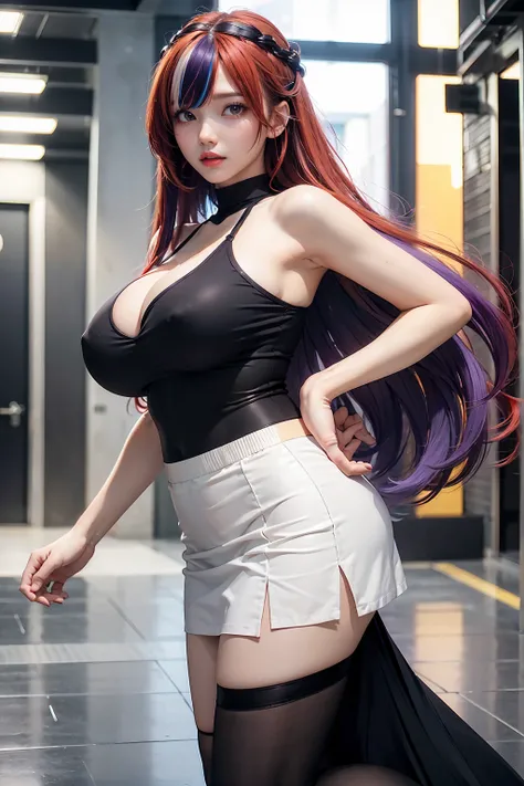 masterpiece, best quality, high resolution, 1 girl, Colored hair, hair covering one eye, Red hair, multicoloRed hair, long hair, purple eyes, bicolor hair, hair ring, earphone, white hair, , Bangs, very long hair, medium breasts, black skirt,(huge breasts:...