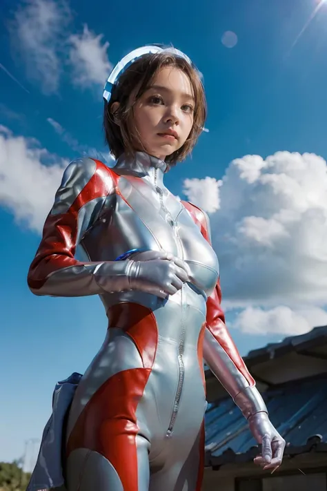 (((blue sky with cloud in background))), Ultraman、realistic、realistic、cinematic lighting, Girl in a shiny red and silver suit、18 years old、professional photo, Japanese model, Japanese cgi、Ultraman Suit、tight and thin cyber suit, Whole body rubbery delicate...