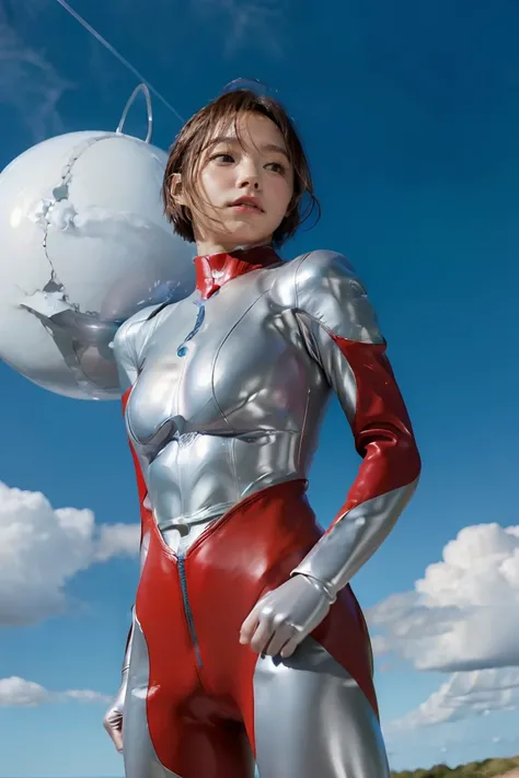 (((blue sky with cloud in background))), Ultraman、realistic、realistic、cinematic lighting, Girl in a shiny red and silver suit、18 years old、professional photo, Japanese model, Japanese cgi、Ultraman Suit、tight and thin cyber suit, Whole body rubbery delicate...