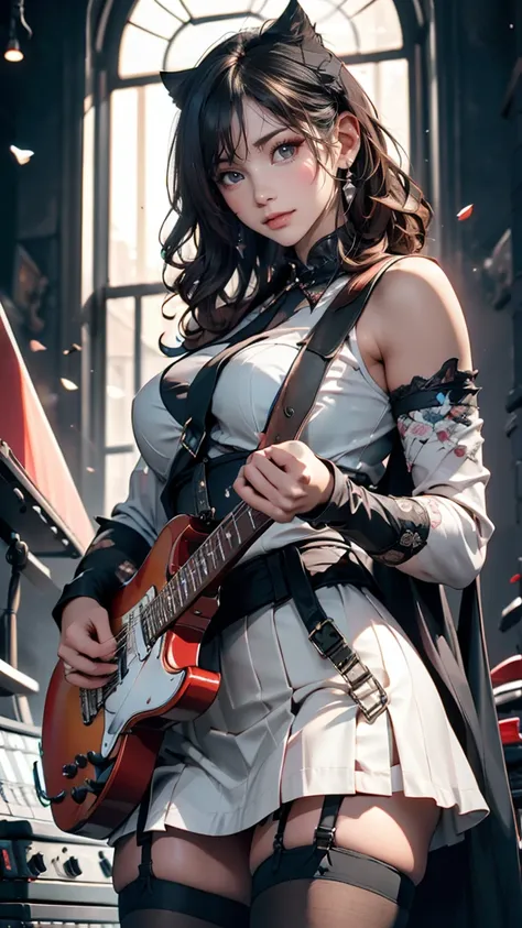 Highest quality,masterpiece,Ultra-high resolution,(Photo realistic:1.4),One Girl,View your audience,Japanese women,garter belt、Garter Stockings、punk、Three Women、Rock Live、Electric guitar、base、drum