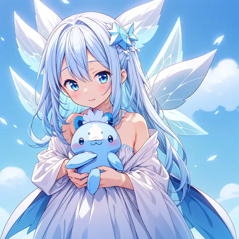 a cute white and blue fantasy creature、star fairy、stuffed toy、cg,stuffed toyにフォーカス、stuffed toy