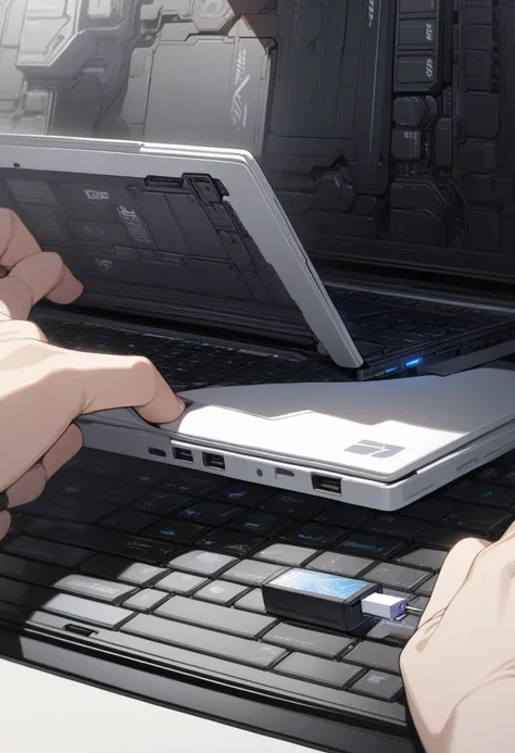 ((background only)),masterpiece, best quality, extremely detailed, ultra detailed, flat anime, 2D, close-up of a hand, inserting a USB flash memory into a laptops USB port, laptop keyboard is visible, the USB flash memory has a black casing,