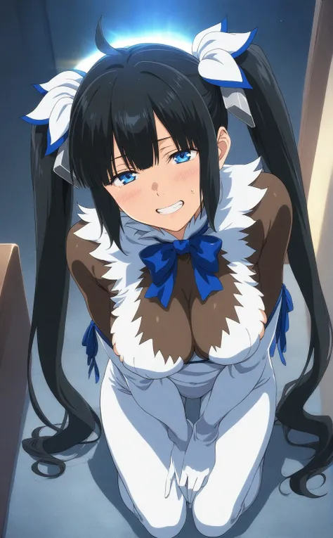 best quality, amazing quality, very aesthetic, absurdres, (1girl, hestia (danmachi),hestia (danmachi),long hair,blue ribbon,twintails),(skinsuit:1.8), (night, veil, thigh, arms between legs:1.3), (cowboy shot), (anime style:1.3), (half closed eyes), (from ...