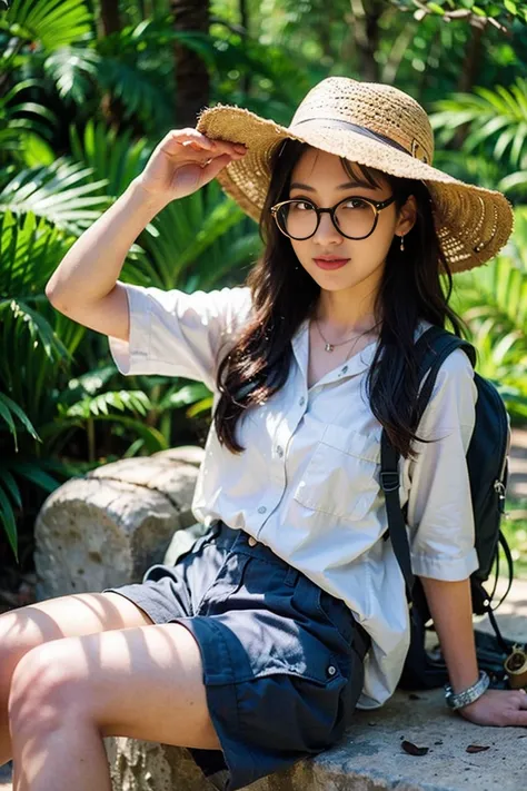 girl, (beautiful:1.2), (round glasses:1.3), backpack, long hair, wavy hair, (explorer outfit:1.2), (safari hat:1.1), (cargo shorts:1.1), (hiking boots:1.1), (binoculars:1.1), looking at viewer, outdoor background, forest, (masterpiece, high quality, best q...