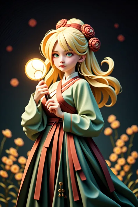 an epic colorful book cover of a 20th century young Blonde 20 year old Swedish witch, green eyes, transported in Tang Dynasty times in ancient China, European face, Tang dynasty clothes, wearing colorful red hanfu, neutral expression, holding a shining mag...