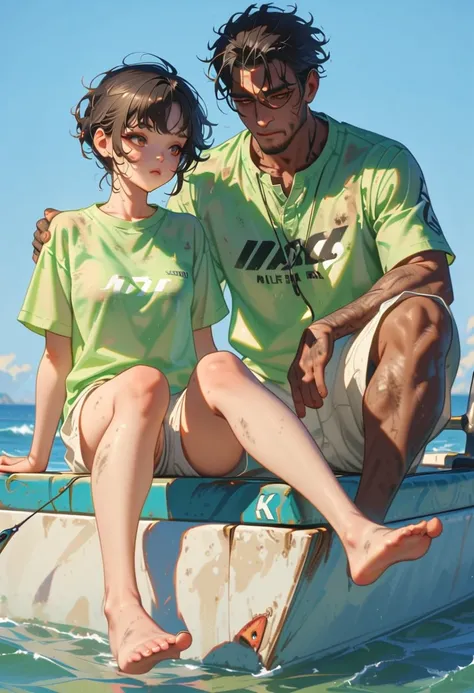 Style 9, a black-haired man, light skin, brown eyes, dirty, wearing a green fishing shirt, long white shorts, bare feet