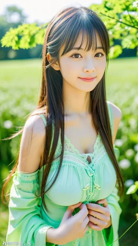 (Best Quality,8ｋ,Absolutely beautiful:1.2)、(cute Japanese girls:1.8、Perfect gravure idol),(Big Tits),With dandelions、Green world、spring breeze、