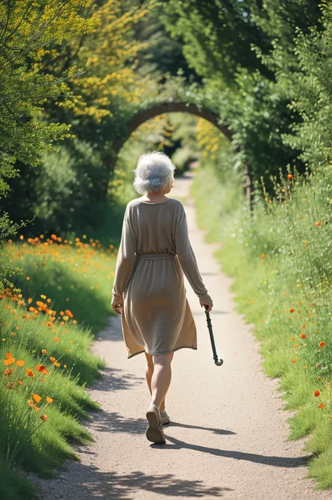 60 year old woman,happy, through the long pipe, with baggy yellow loose dress, fescalza, walking on a poppy path, with rustic cabins, stone bridge and sunny atmosphere 