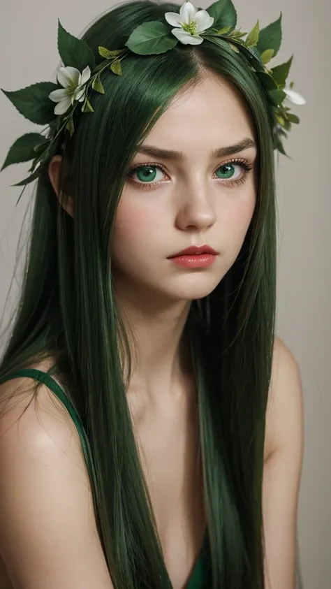 a girl.  face sent feeling.  Europe.  Oval face.  long face.  delicate facial features.  sad and shy eyes.  seductively seductive.  green eyes.  long straight hair.  green hair.  wreath on head.  Red lips.  expression of disappointment.  straight face