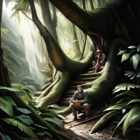 (best quality,4k,8k,highres,masterpiece:1.2),deep jungle, multiple boys exploring amazon, historical, wide shot, realistic, hyper-realistic, photorealistic,ultra-detailed,(realistic,photorealistic,photo-realistic:1.37),vivid colors,dramatic lighting,