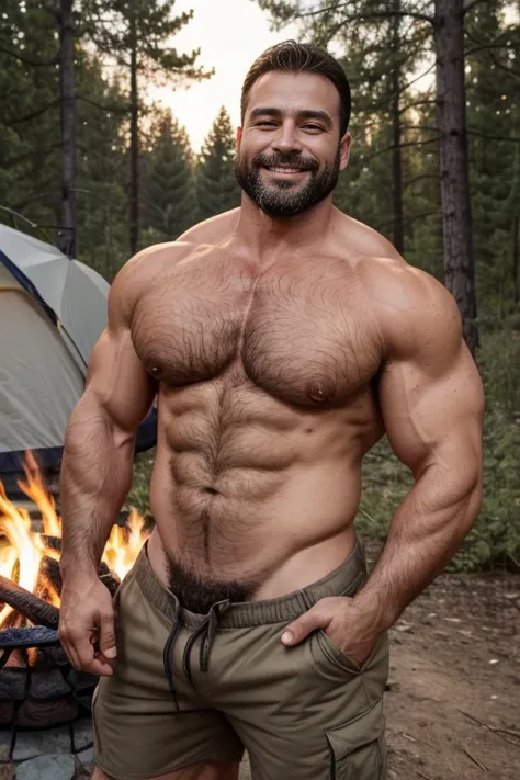 Masterpiece, Best Quality, High resolution, (1 chico:1.4), male focus, tanned skin, 50-year-old camper in forest, brown hair, italian, strong, furry, beefy, dad body, dad bod, masculine, in the forest, warm lighting, campfire in the background, HDR, (GS-Ma...