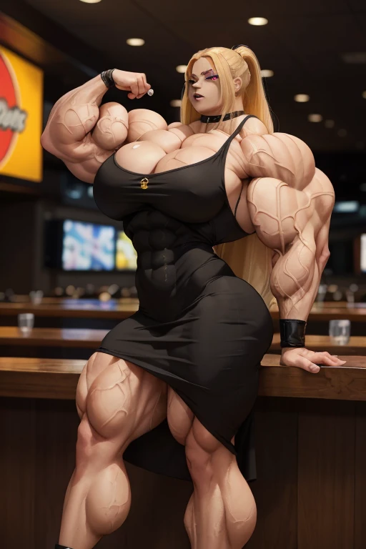 (Close view), yellow haired woman, long flowing hair, light brown skinned, closed smile, (black lipstick), ((massive muscles)), (hyper muscle), ((ginormous bulky muscles)), ((glowing gray eyes)), (black tight dress), choker, high heels, (leaning in a sport...