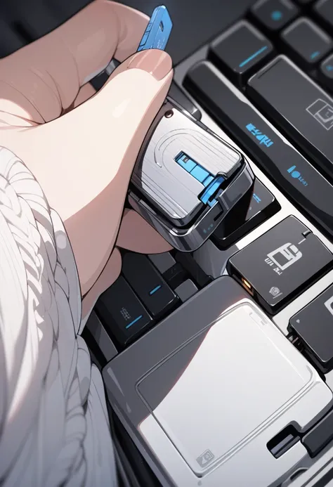 ((background only)),masterpiece, best quality, extremely detailed, ultra detailed, flat anime, 2D, close-up of a female hand, inserting a USB flash memory into a laptops USB port, laptop keyboard is visible, the USB flash memory has a black casing,