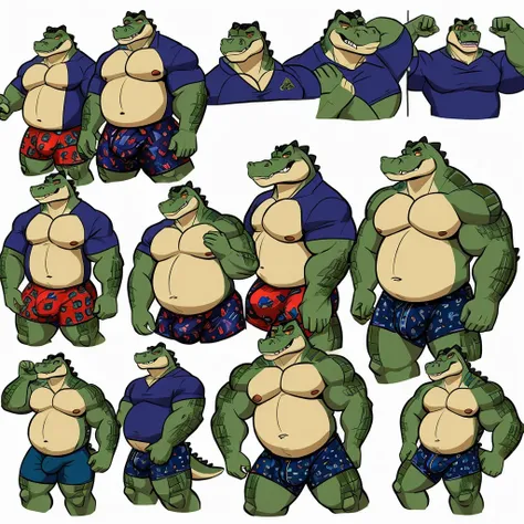 Digital art, Furry style, Anthro Alligator,daddy, musclegut, muscular, wearing boxers with bulge, several poses, doodle page, comfy feeling