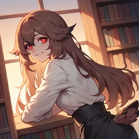 there is a drawn image of a girl in a library, 1girl, female focus, bright red eyes, alone, sunset, brown hair, long hair, smile, looking at viewer, Normal clothes, Owl girl, Owl characteristics, Owl tail