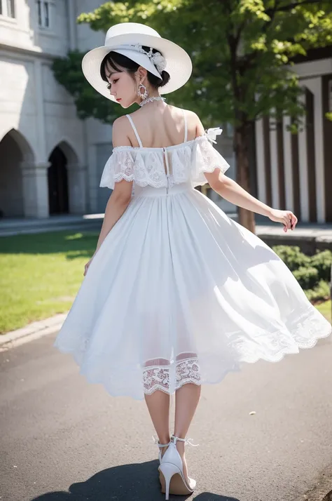 She was wearing a snow-white dress, that cut out the perfect proportions of her body. There was also a small circle of lace at the edge of the skirt..

Her calves are partially exposed and she is wearing a pair of simple and exquisite white flat shoes., re...