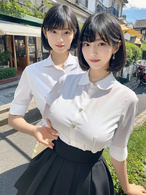 Highest quality、masterpiece、8k、Very detailed、Realistic、(One person:1.2)、Looking at me with a smile、whole body、Black Hair、Short Hair、Small face、Slender、(Very large breasts:1.2)、Thin and beautiful legs、narrow and constricted waist,、(Family Restaurant Uniform...