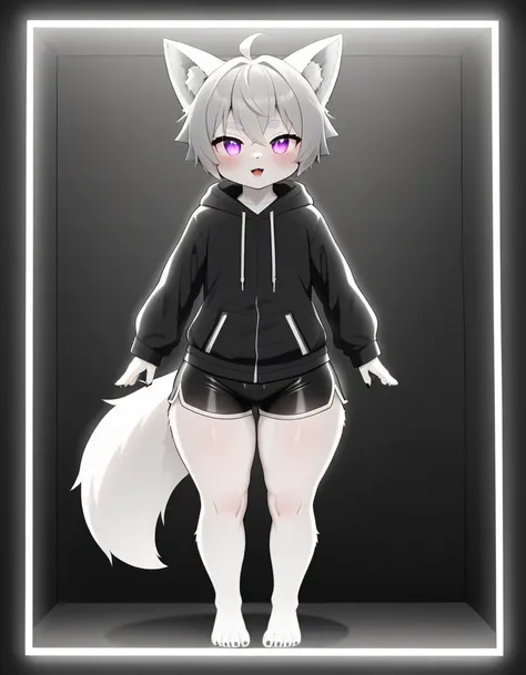 furry beast, White fur, gray hair,Hoodies,tight shorts,Only one,White Fox Shota,Fox ears with black tips,Foxtail tip black,Fat thighs,thick calf,fit, best quality,Full body picture,intricate details, sharp focus, studio lighting, physically-based rendering...